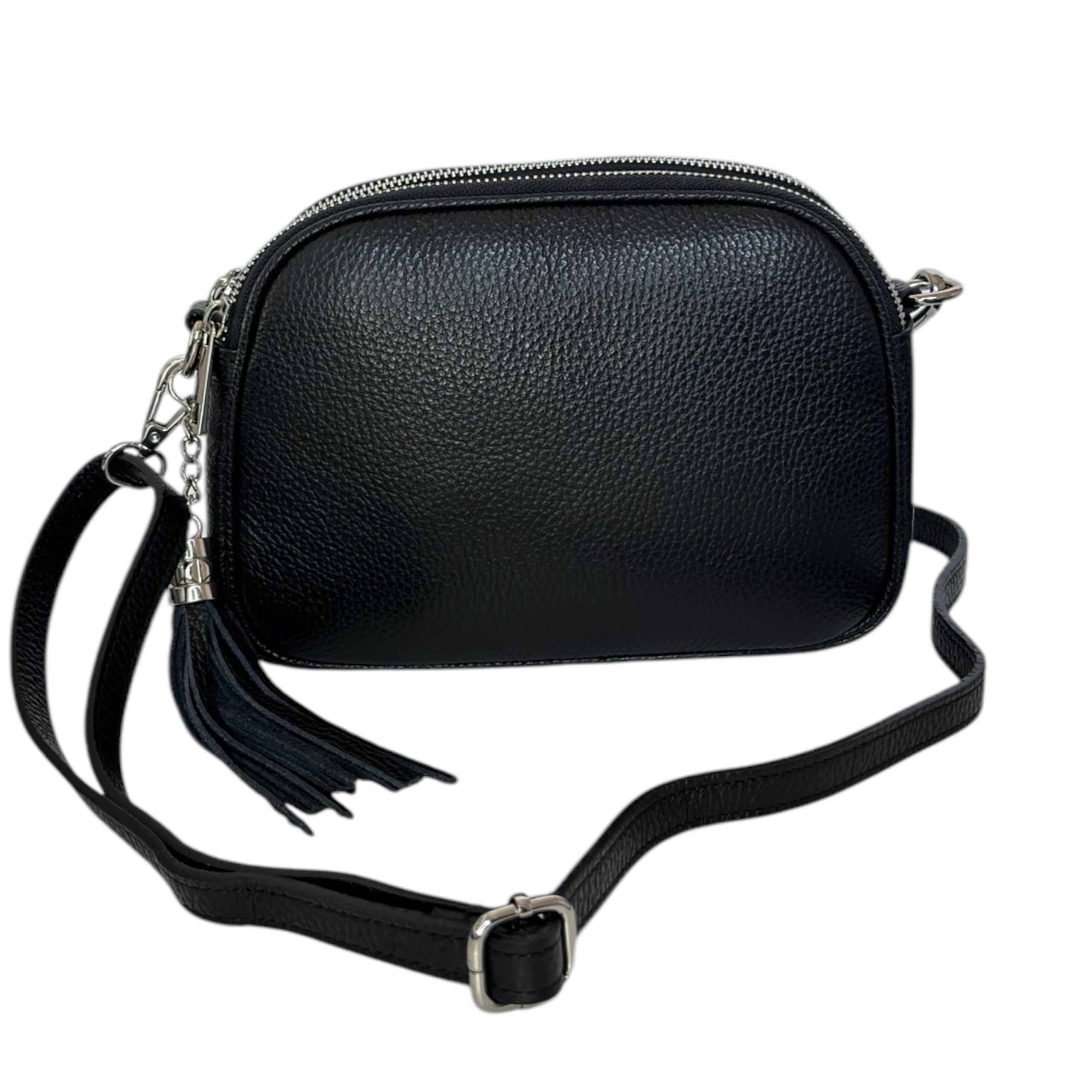 Bolso Bandolera de Piel Natural – Estilo Moderno y Compacto con Correas Ajustables y Bolsillos Prácticos, Color Negro