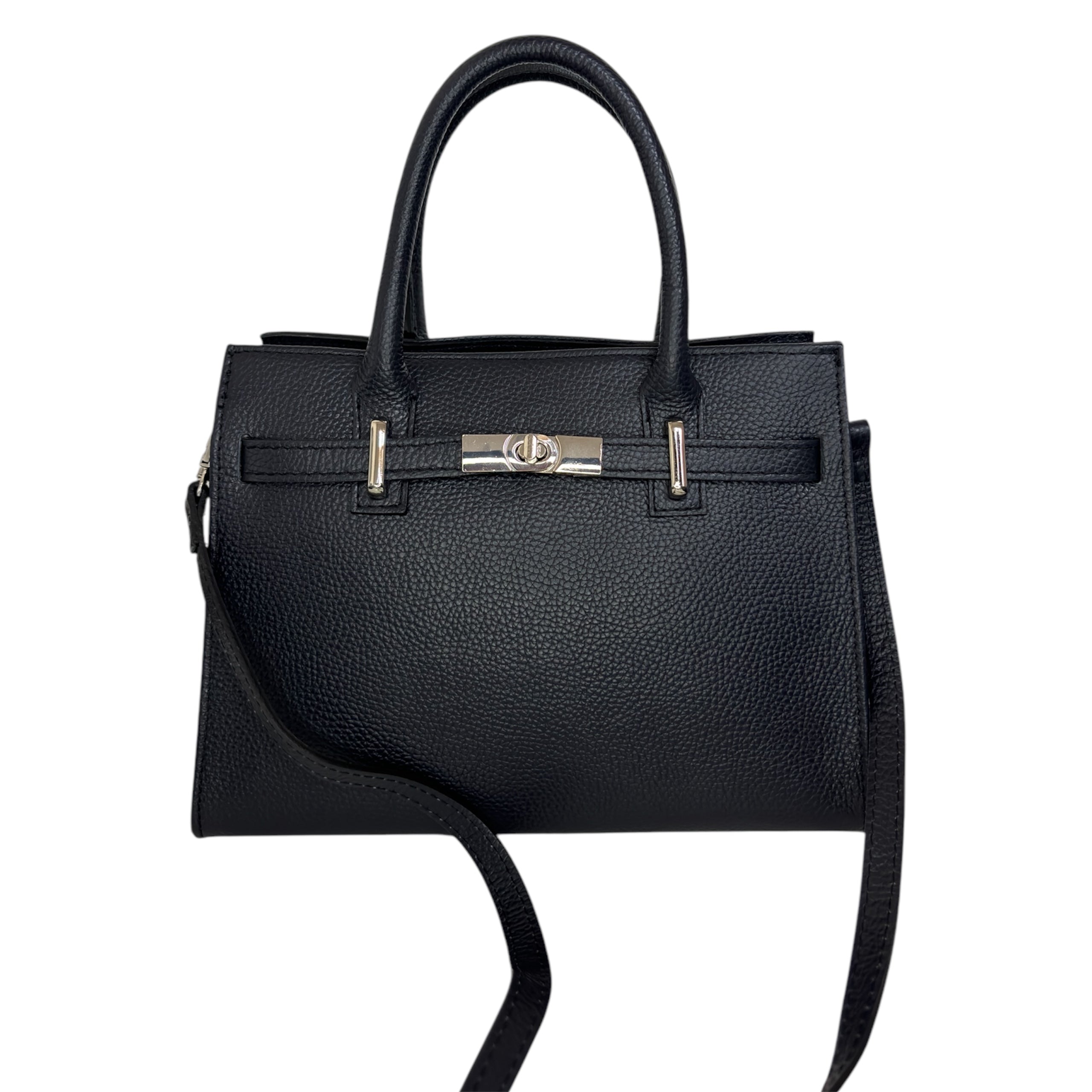 Bolso de Mano Mujer en Piel Auténtica Italiana – Diseño Elegante con Doble Compartimento y Correa Desmontable, Color Negro