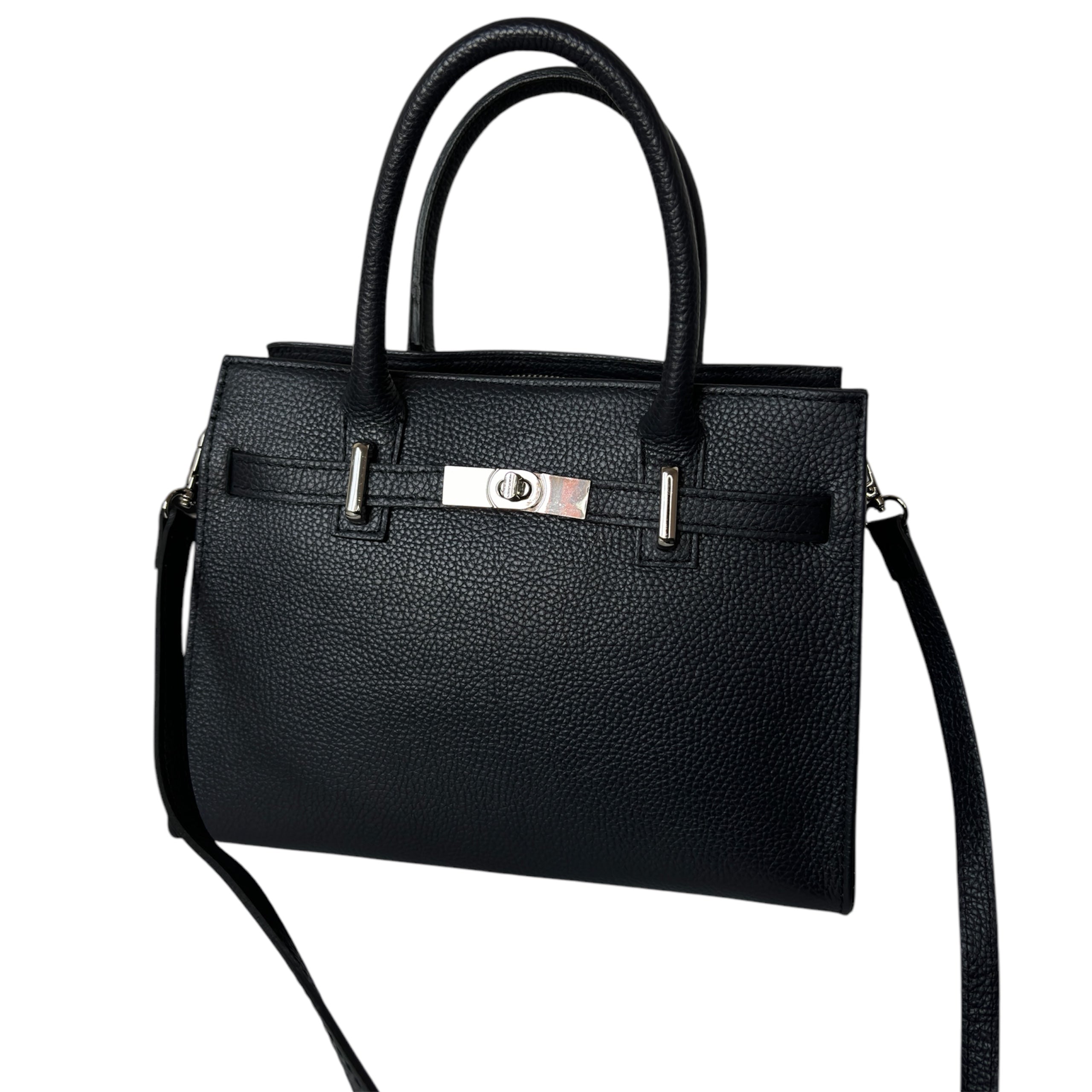 Bolso de Mano Mujer en Piel Auténtica Italiana – Diseño Elegante con Doble Compartimento y Correa Desmontable, Color Negro - BIOLUXSO